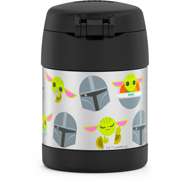 10 ounce Funtainer food jar, Mandalorian back view featuring Gorgu and the Mandalorian's helmet.
