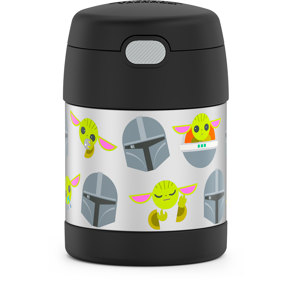 10 ounce Funtainer food jar, Mandalorian front view showing spoon compartment button.