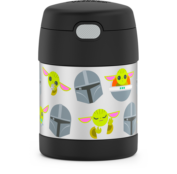 10 ounce Funtainer food jar, Mandalorian front view showing spoon compartment button.