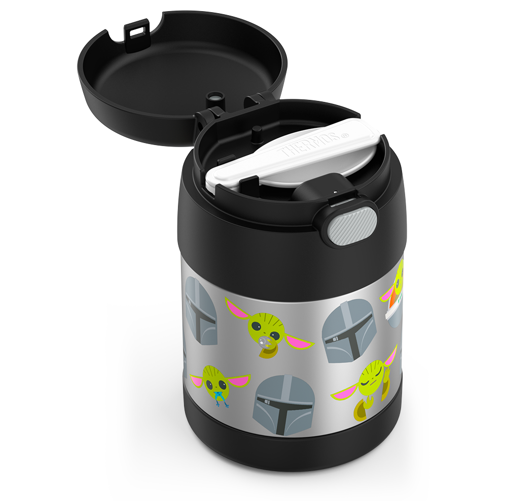 10 ounce Funtainer food jar, Mandalorian side view with lid open to show folded spoon in spoon compartment.
