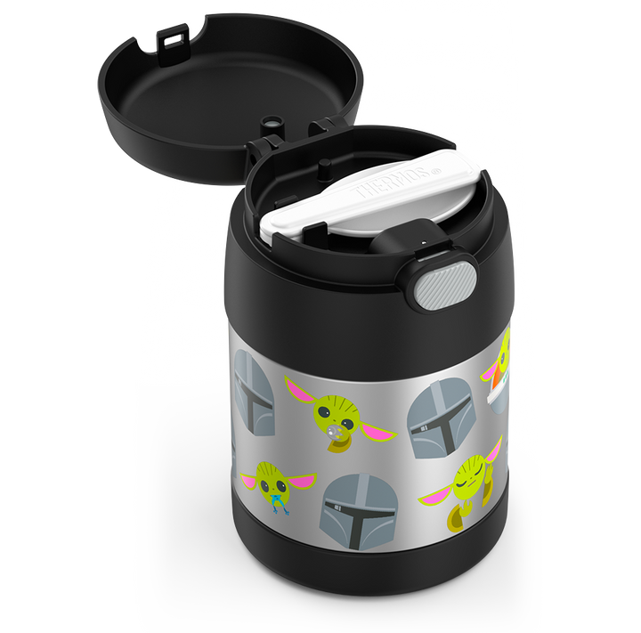 10 ounce Funtainer food jar, Mandalorian side view with lid open to show folded spoon in spoon compartment.