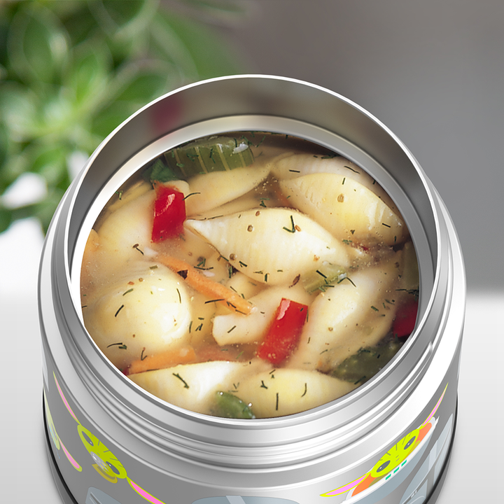 10 ounce Funtainer food jar, open with noodle soup inside.