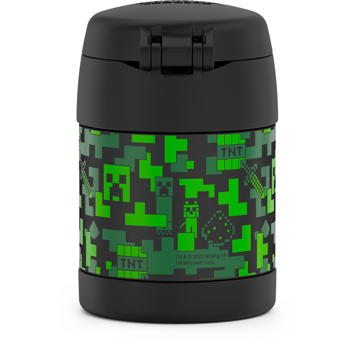 10 ounce Funtainer food jar, Minecraft back view featuring characters and symbols