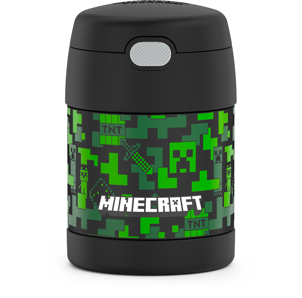 10 ounce Funtainer food jar, Minecraft characters and symbols front view.