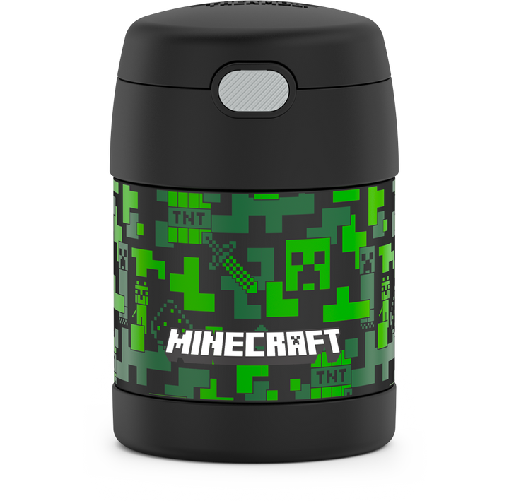 10 ounce Funtainer food jar, Minecraft characters and symbols front view.