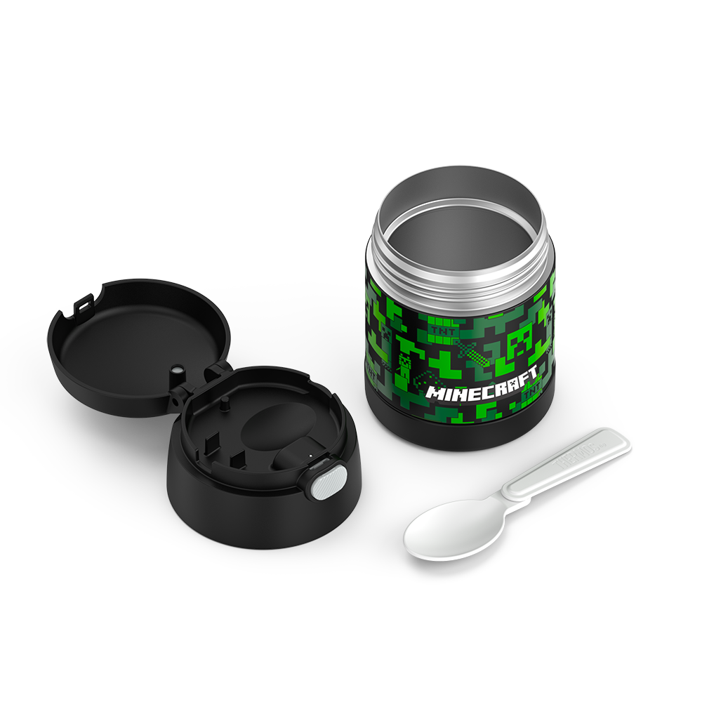 10 ounce Funtainer food jar, Minecraft disassembled with lid open to show spoon compartment and spoon sitting next to it, unfolded.