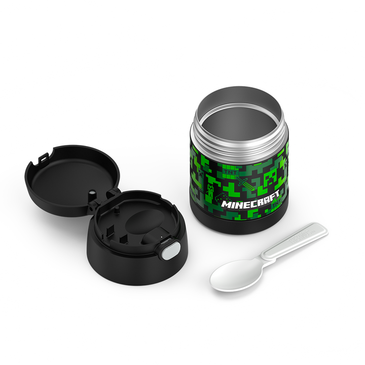 10 ounce Funtainer food jar, Minecraft disassembled with lid open to show spoon compartment and spoon sitting next to it, unfolded.