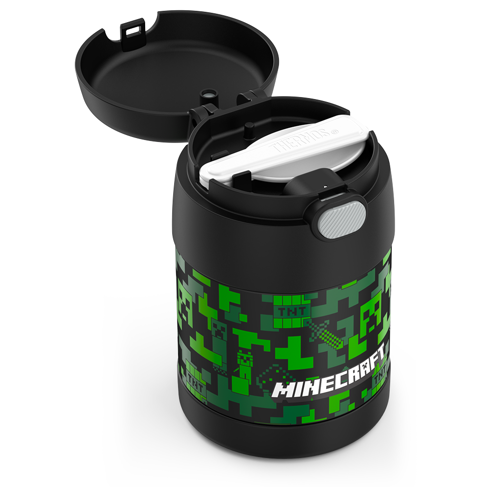 10 ounce Funtainer food jar, Minecraft side view with spoon compartment open to show folded spoon.