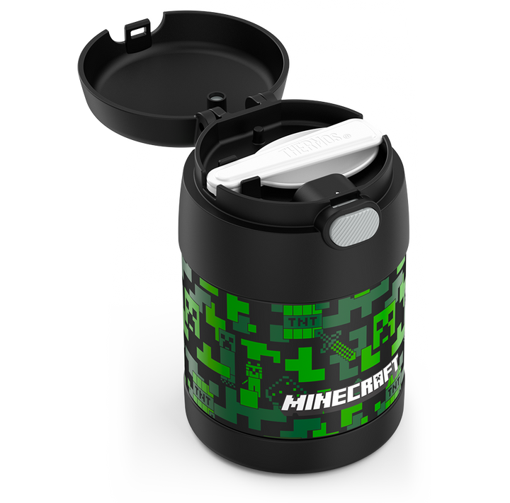 10 ounce Funtainer food jar, Minecraft side view with spoon compartment open to show folded spoon.