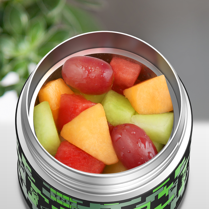 10 ounce Funtainer food jar, open with assorted fruit inside.