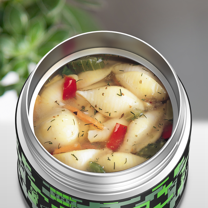 10 ounce Funtainer food jar, open with soup inside.