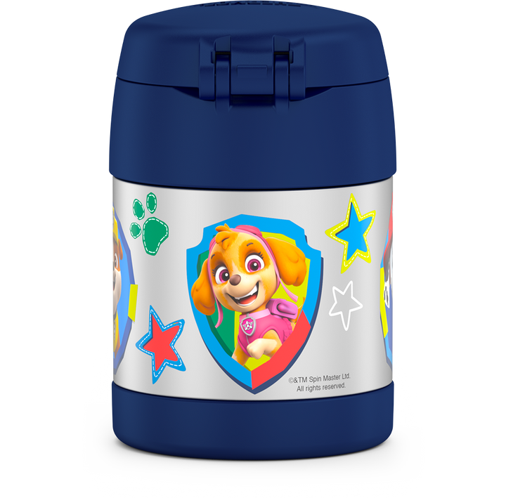 10 ounce Funtainer food jar, Paw Patrol back view featuring Skye.
