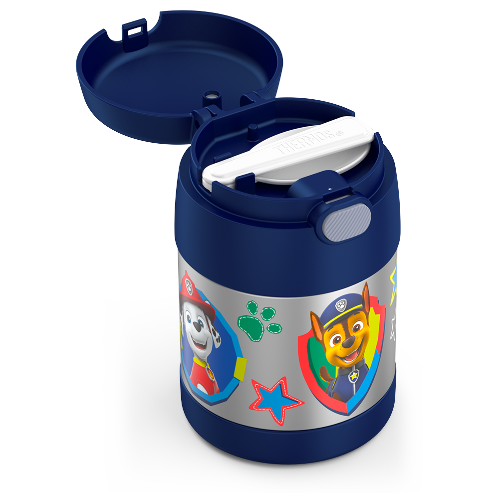 10 ounce Funtainer food jar, Paw Patrol side view with lid open to show folded spoon in spoon compartment featuring Chase and Marshall.
