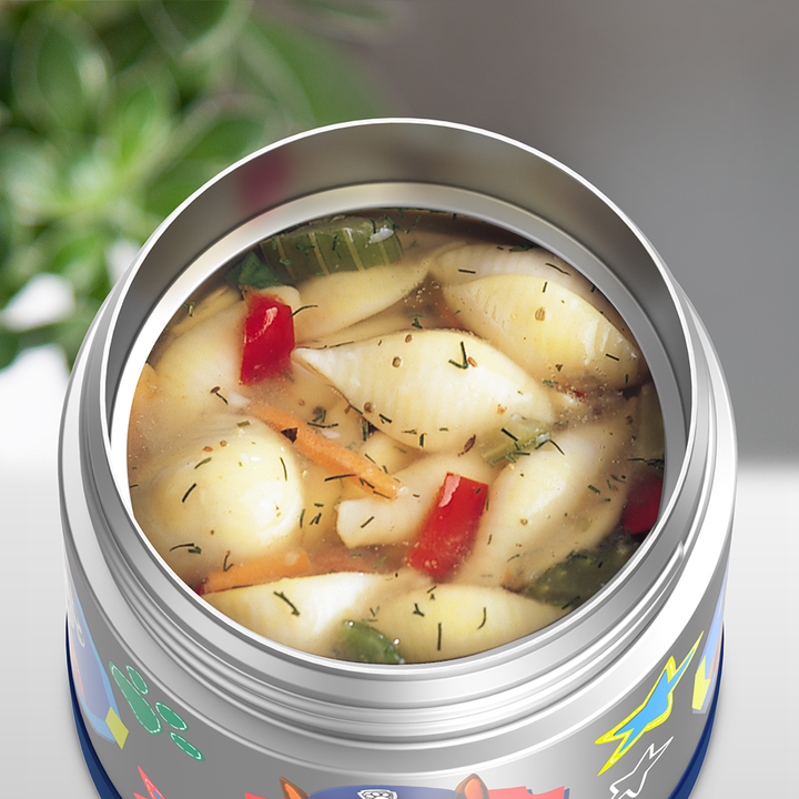 10 ounce Funtainer food jar, open with soup inside.