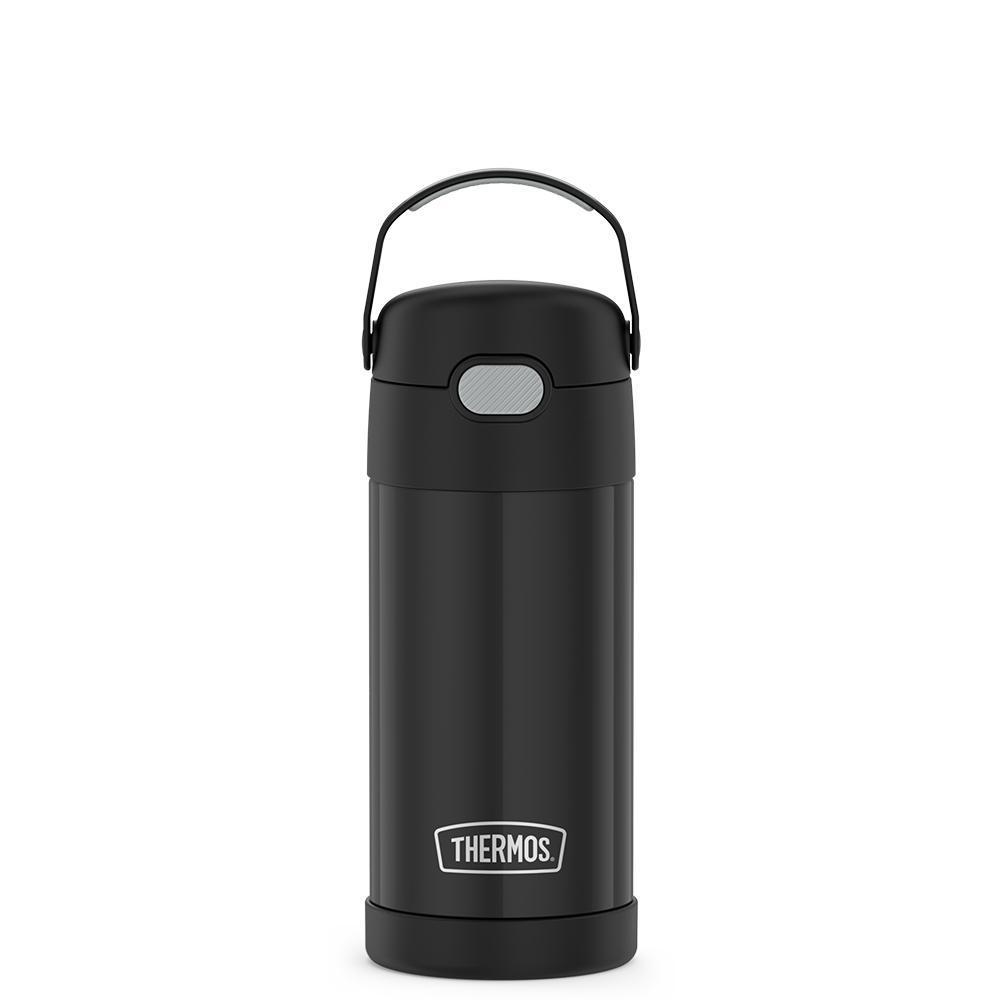 12 ounce Funtainer water bottle, black, front view.