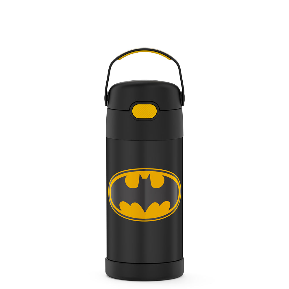 12 ounce Funtainer water bottle, Batman, front view, handle up.