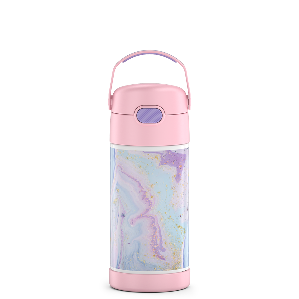 12 ounce Funtainer water bottle with handle up, pastel marbled Dreamy Pattern.