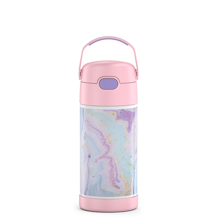 12 ounce Funtainer water bottle with handle up, pastel marbled Dreamy Pattern.