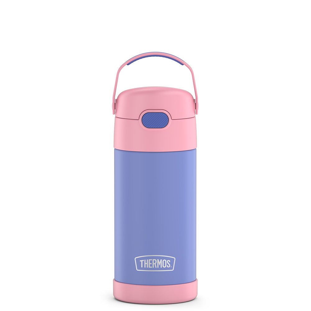 12 ounce Funtainer water bottle, purple and pink, front view.