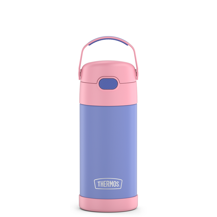 12 ounce Funtainer water bottle, purple and pink, front view.