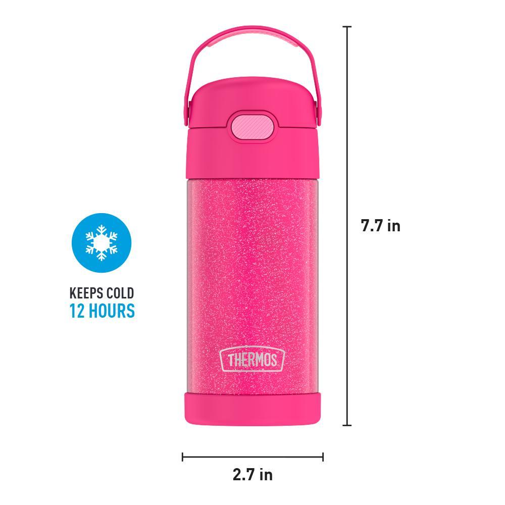 12 ounce Funtainer water bottle, Pink Glitter, front view with handle up. 7.7 inches tall, 2.7 inches wide at base. Keeps Cold 12 Hours.