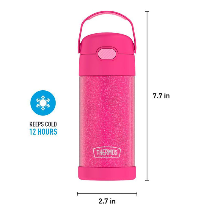 12 ounce Funtainer water bottle, Pink Glitter, front view with handle up. 7.7 inches tall, 2.7 inches wide at base. Keeps Cold 12 Hours.