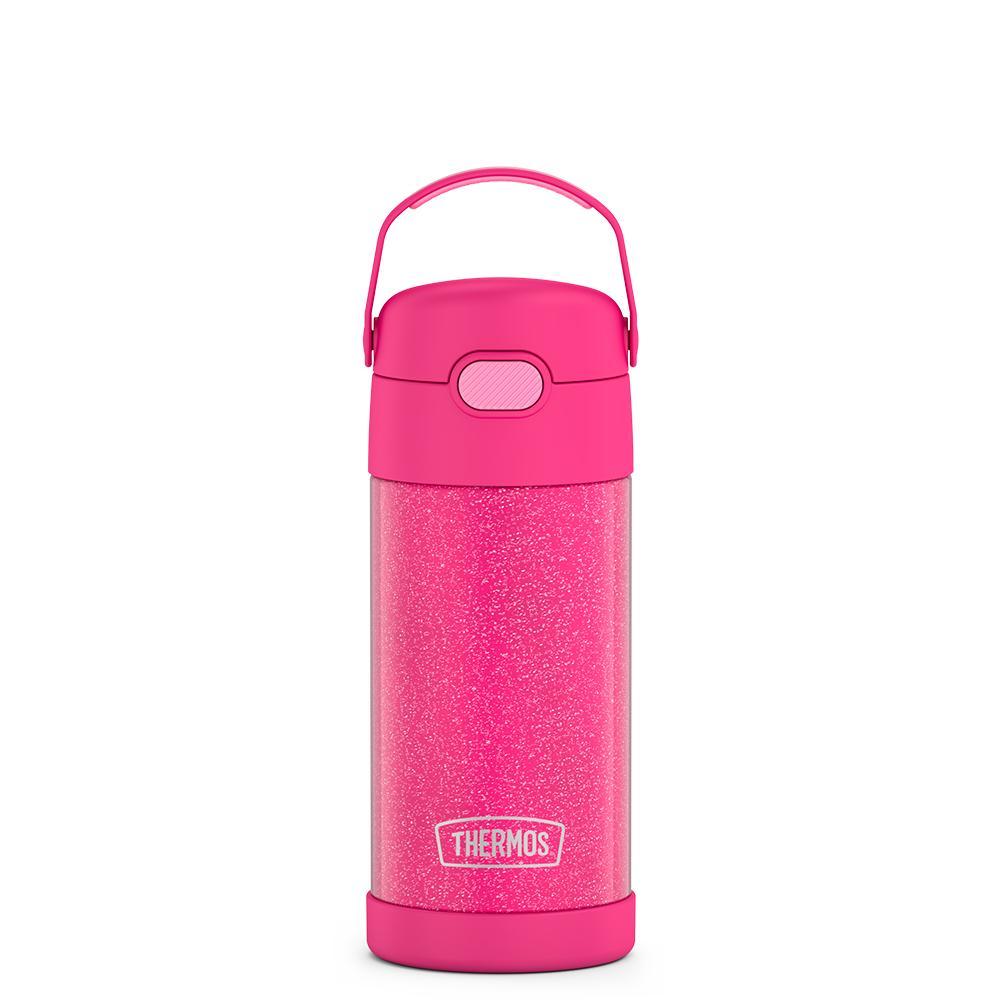 12 ounce Funtainer water bottle with handle up, Pink Glitter.
