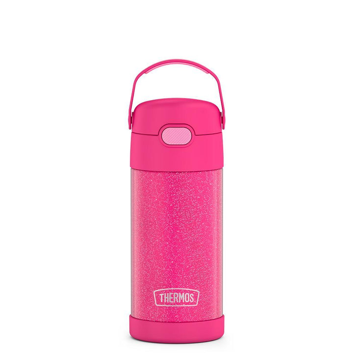 12 ounce Funtainer water bottle with handle up, Pink Glitter.