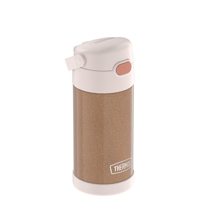 12 ounce Funtainer water bottle, Iridescent Rose Gold, side view, handle down.