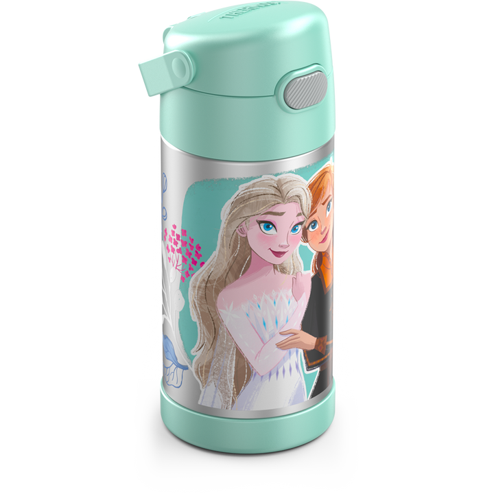 12 ounce Funtainer water bottle, Frozen 2, side view, handle down.