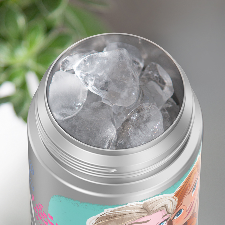 12 ounce Frozen 2 Funtainer water bottle, opened and full of ice.