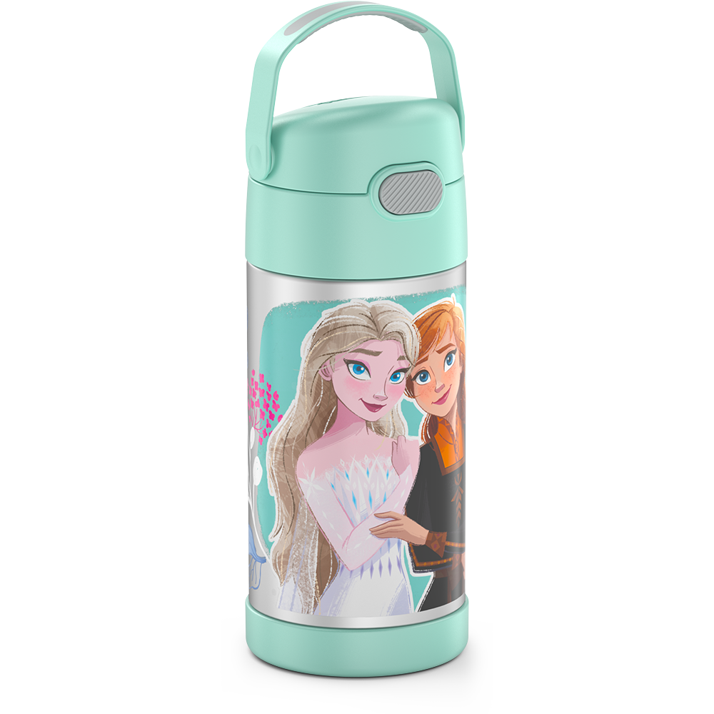 12 ounce Funtainer water bottle, side view, handle up, Frozen 2.