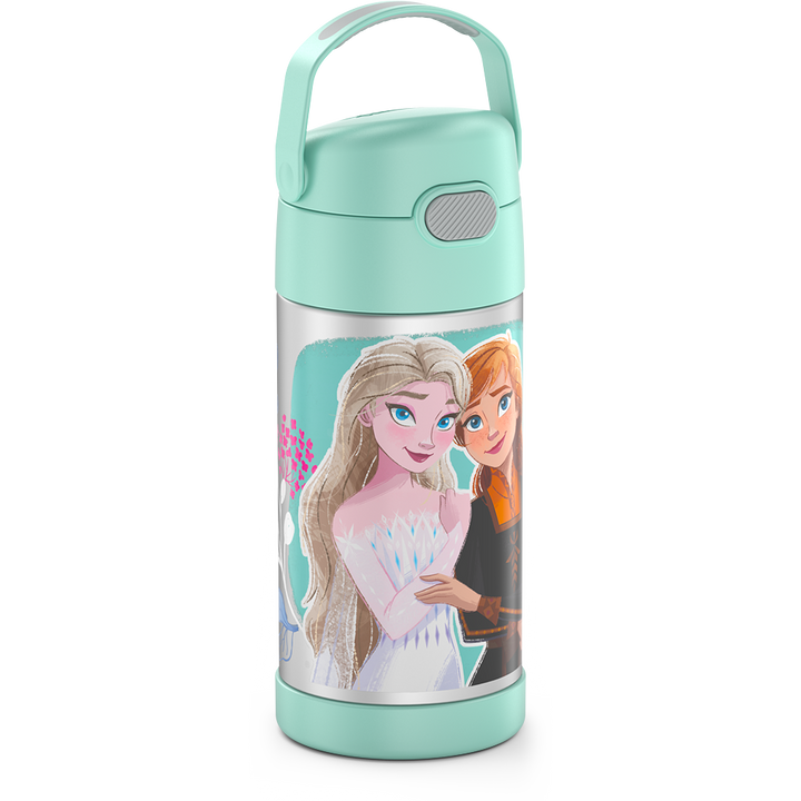 12 ounce Funtainer water bottle, side view, handle up, Frozen 2.