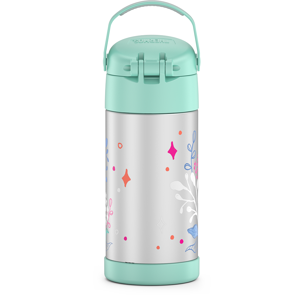 12 ounce Funtainer water bottle, back view, handle up, Frozen 2.