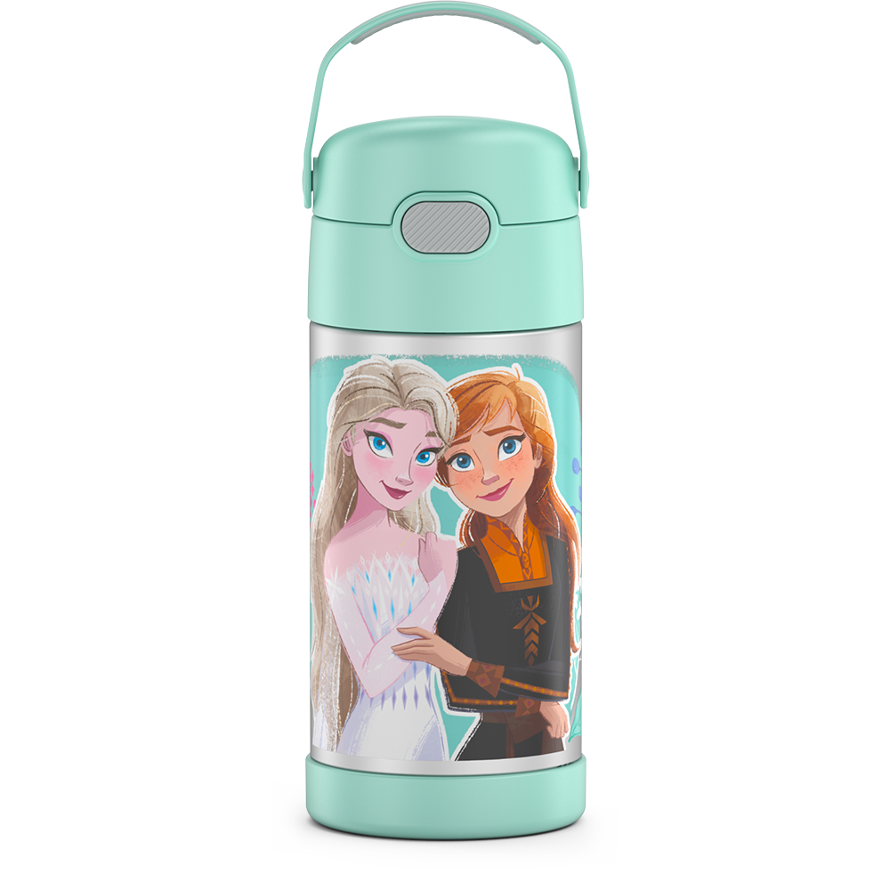 12 ounce Funtainer water bottle, Frozen 2, front view, handle up.