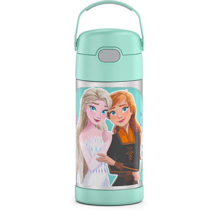 12 ounce Funtainer water bottle, Frozen 2, front view, handle up.