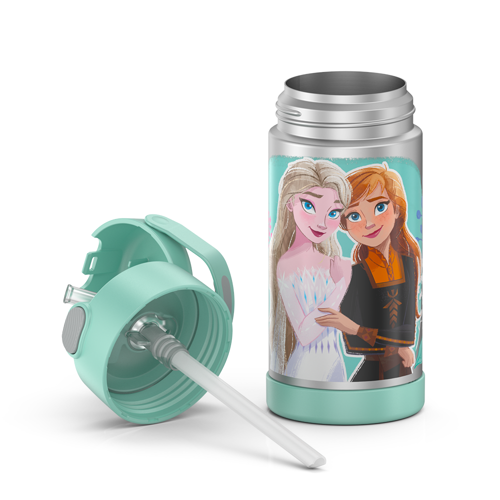 12 ounce Funtainer water bottle, Frozen 2, unassembled - lid removed.
