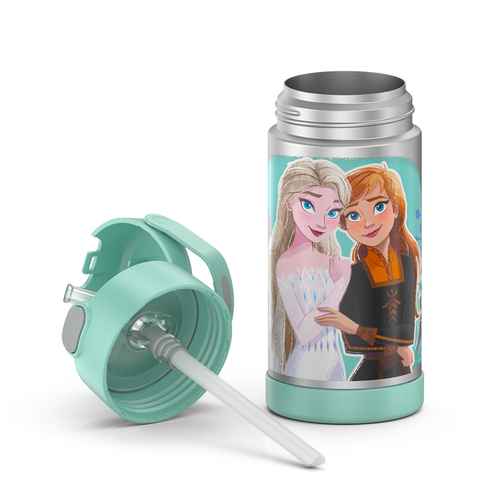 12 ounce Funtainer water bottle, Frozen 2, unassembled - lid removed.