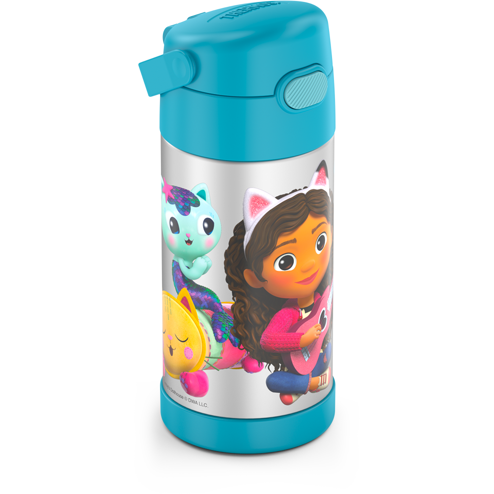 12 ounce Funtainer water bottle, Gabby's Dollhouse - Blue, side view, handle down.