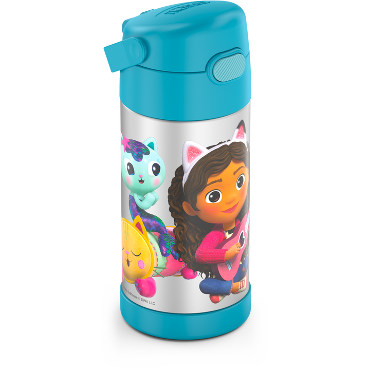 12 ounce Funtainer water bottle, Gabby's Dollhouse - Blue, side view, handle down.