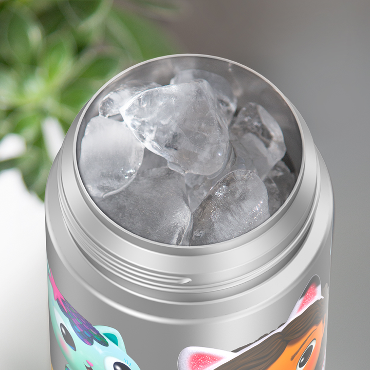 12 ounce Gabby's Dollhouse - Blue Funtainer water bottle, opened and full of ice.