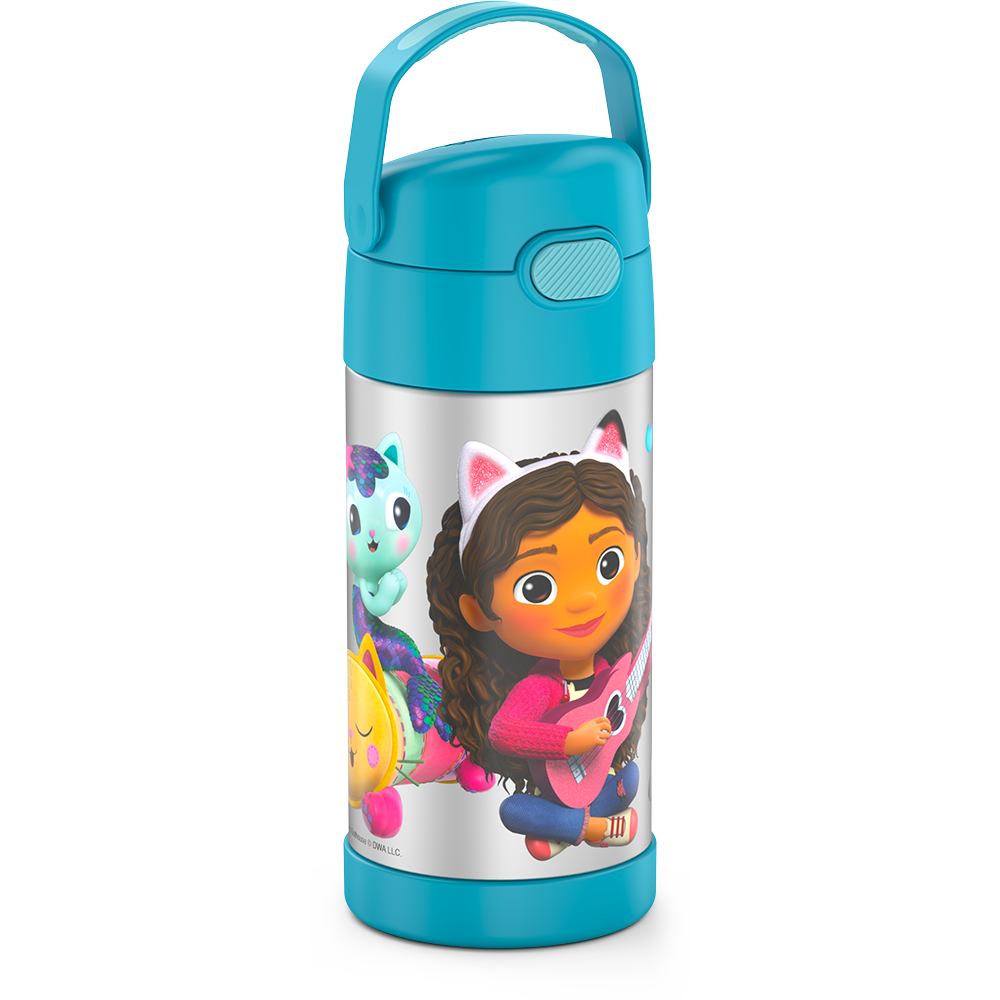 12 ounce Funtainer water bottle, side view, handle up, Gabby's Dollhouse - Blue.