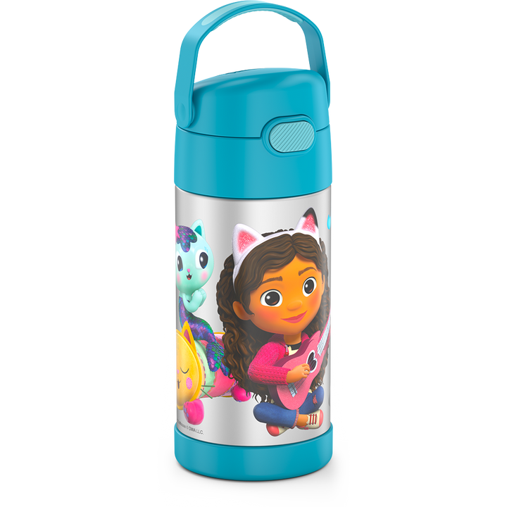 12 ounce Funtainer water bottle, side view, handle up, Gabby's Dollhouse - Blue.