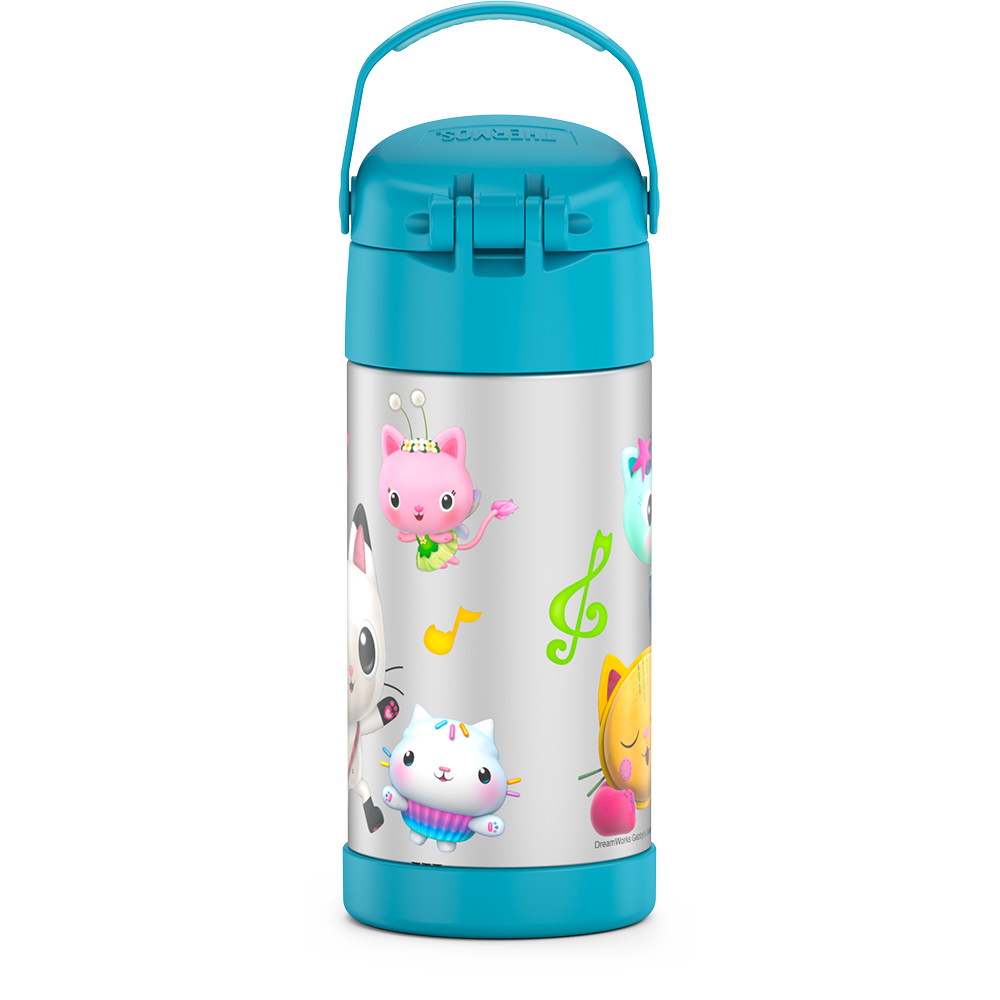 12 ounce Funtainer water bottle, back view, handle up, Gabby's Dollhouse - Blue.