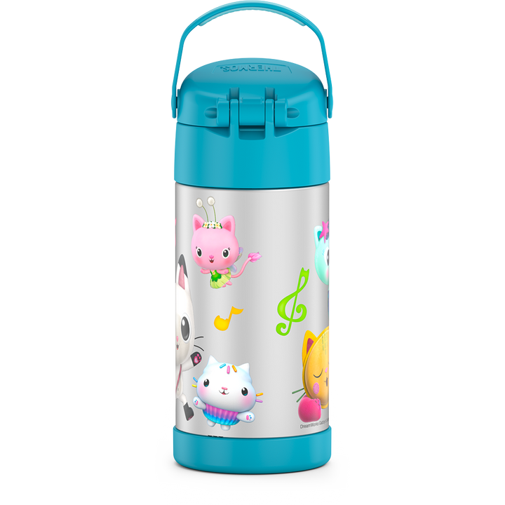 12 ounce Funtainer water bottle, back view, handle up, Gabby's Dollhouse - Blue.