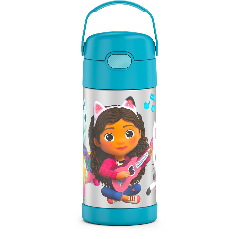 12 ounce Funtainer water bottle, Gabby's Dollhouse - Blue, front view, handle up.