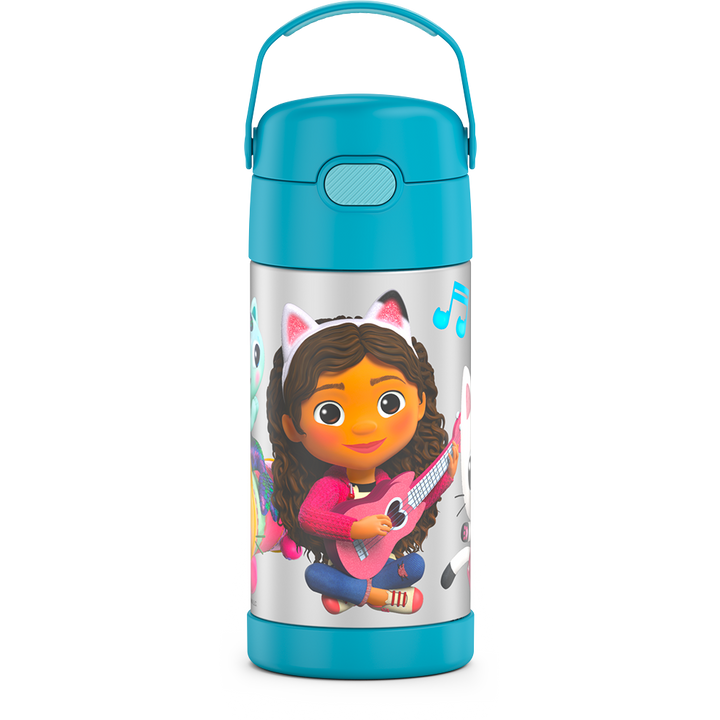 12 ounce Funtainer water bottle, Gabby's Dollhouse - Blue, front view, handle up.