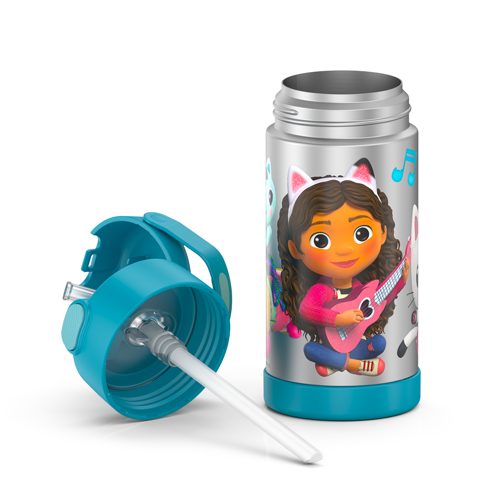 12 ounce Funtainer water bottle, Gabby's Dollhouse - Blue, unassembled - lid removed.