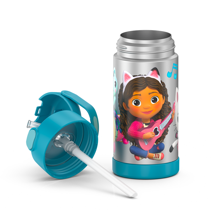 12 ounce Funtainer water bottle, Gabby's Dollhouse - Blue, unassembled - lid removed.