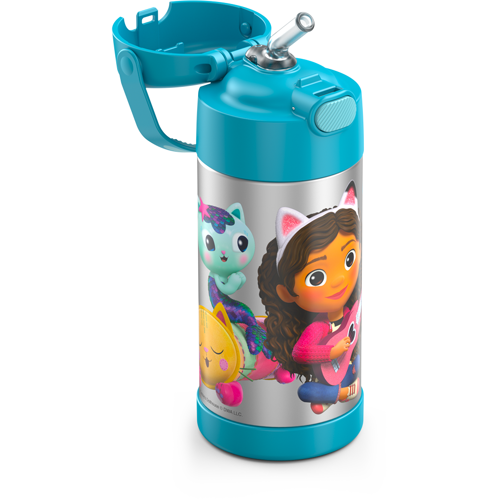 12 ounce Funtainer water bottle, Gabby's Dollhouse - Blue, straw inset.